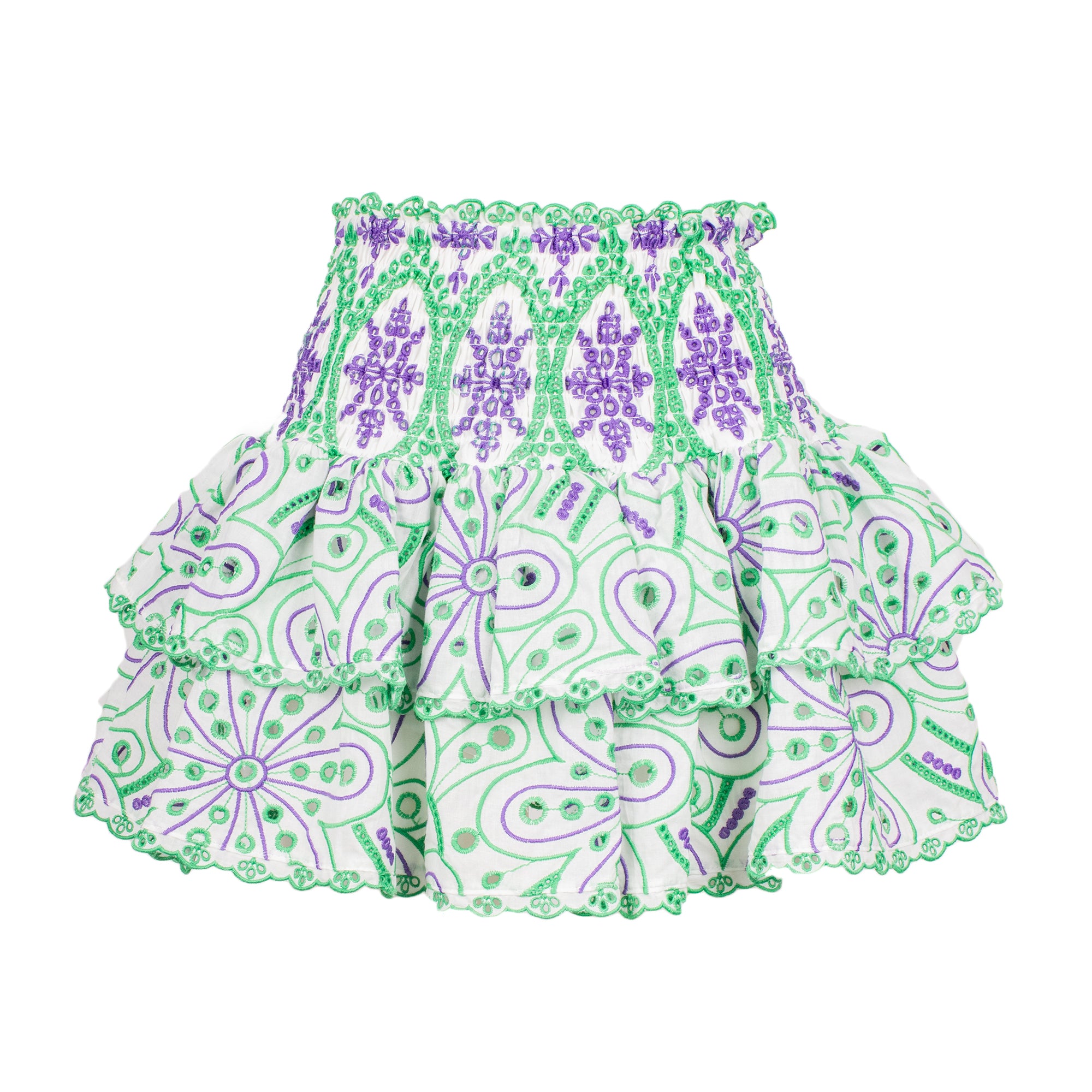 Green and purple patterned skirt on a white background