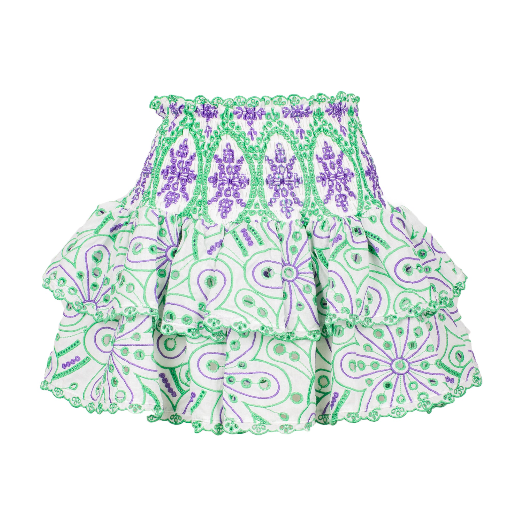 Green and purple patterned baby bloomers on a white background