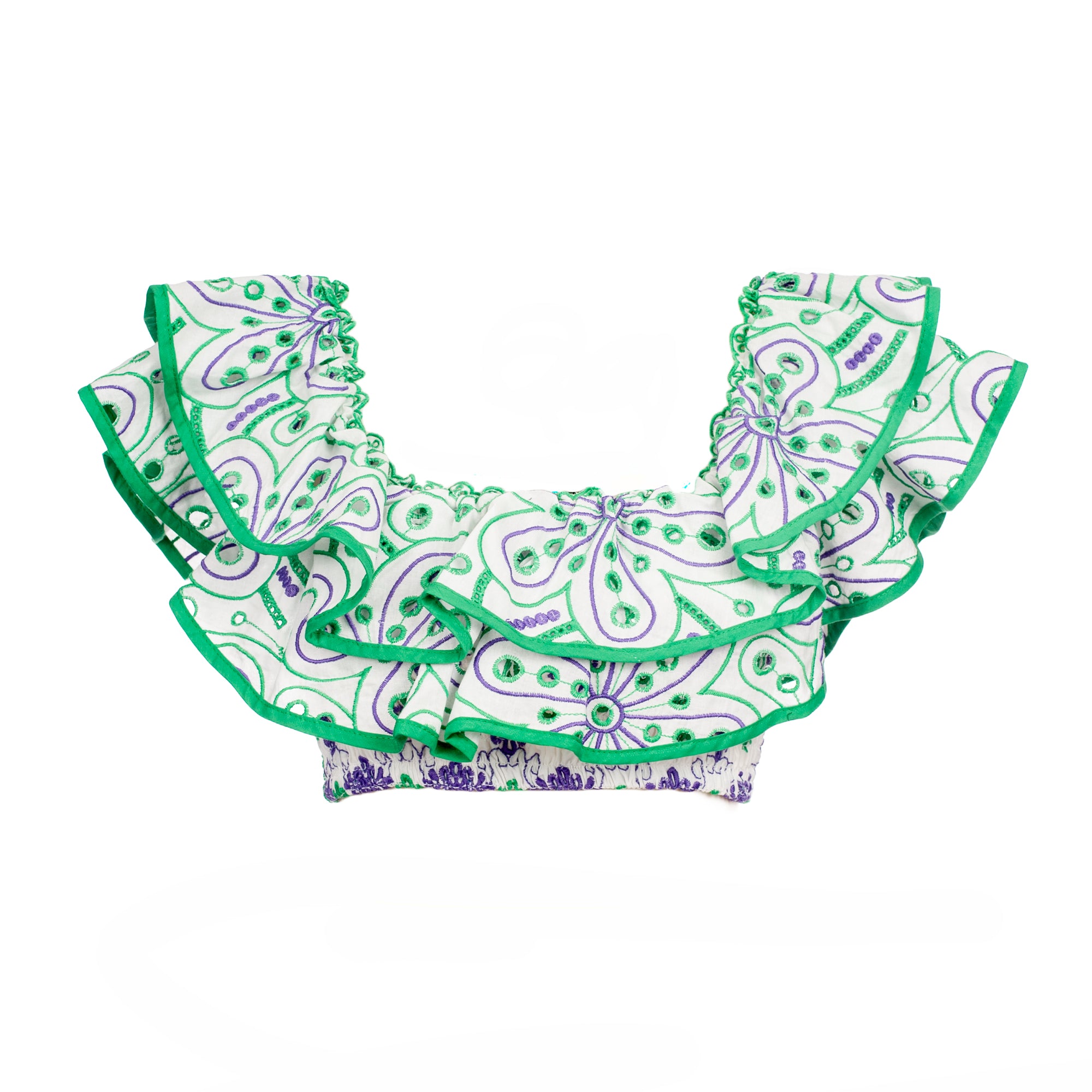 Green and purple patterned baby wrap on a white background