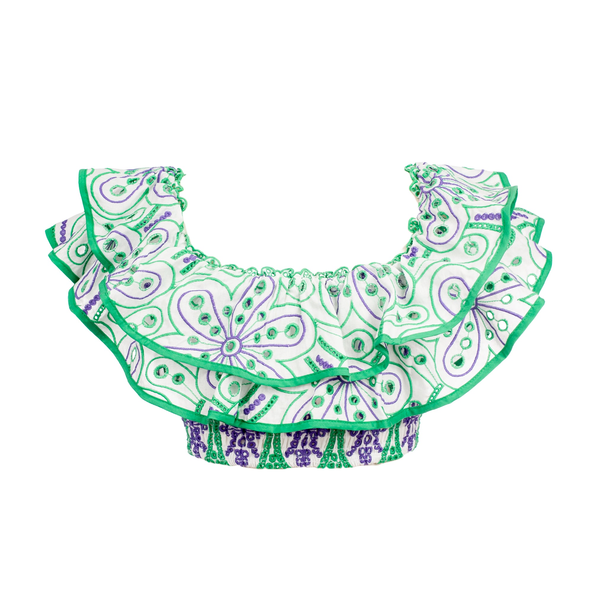 Green and purple patterned top with ruffled details on a white background
