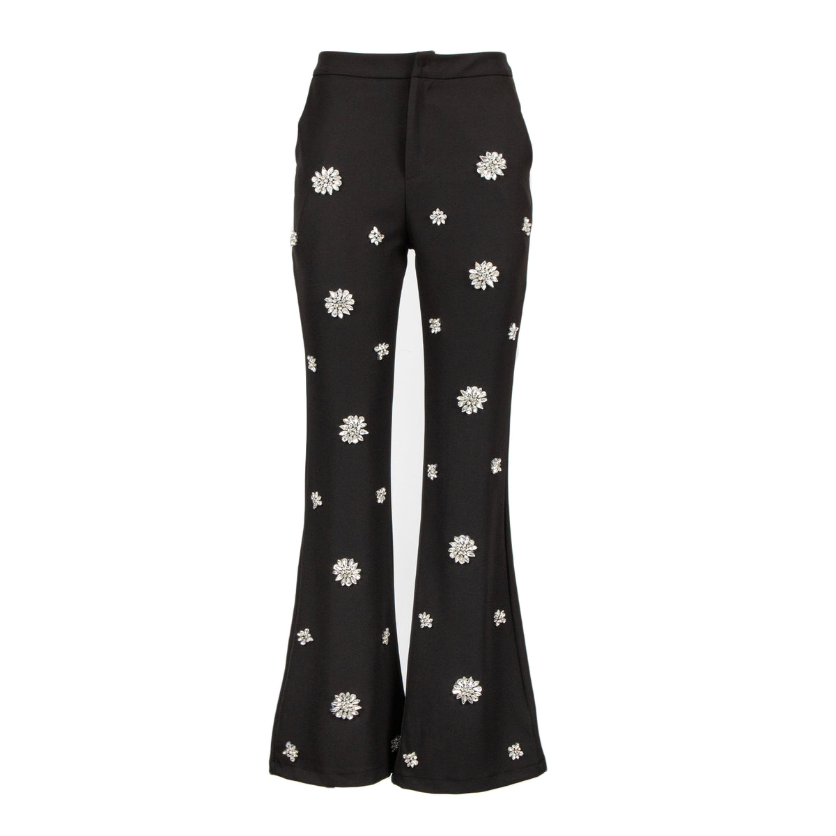Black flared pants with white embroidered daisy patterns, shown against a plain white background.