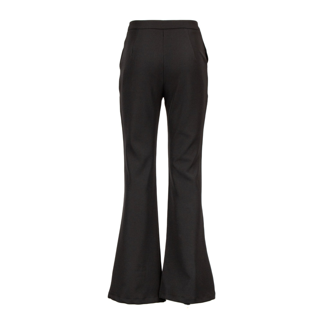 Black wide-leg flared trousers shown from the back on a clean white background.