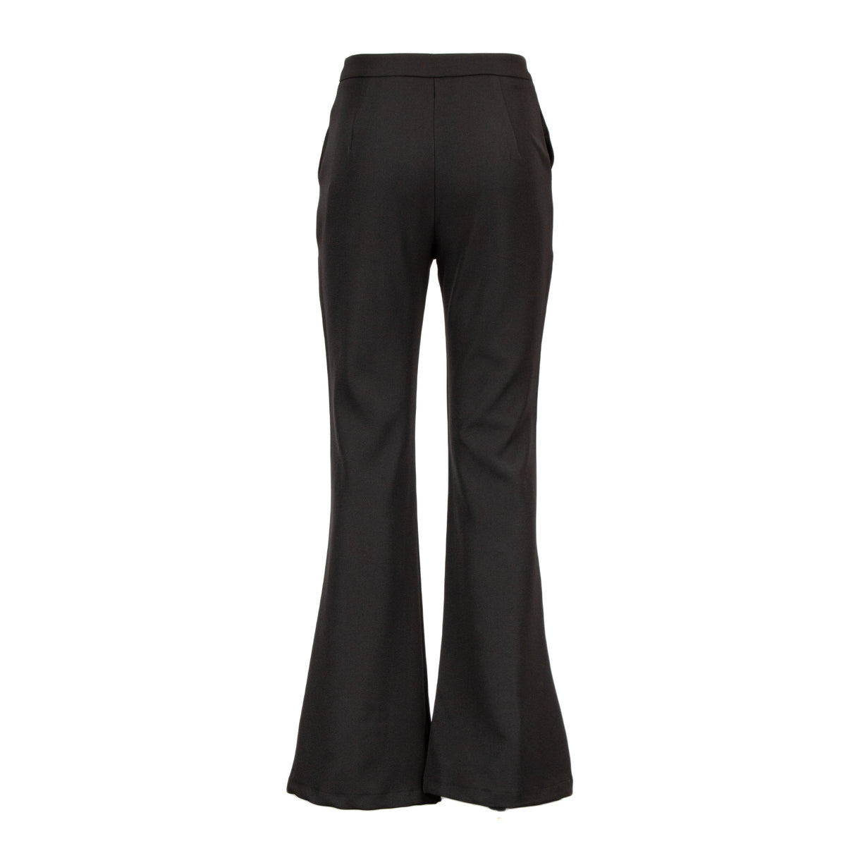 Black wide-leg flared trousers shown from the back on a clean white background.