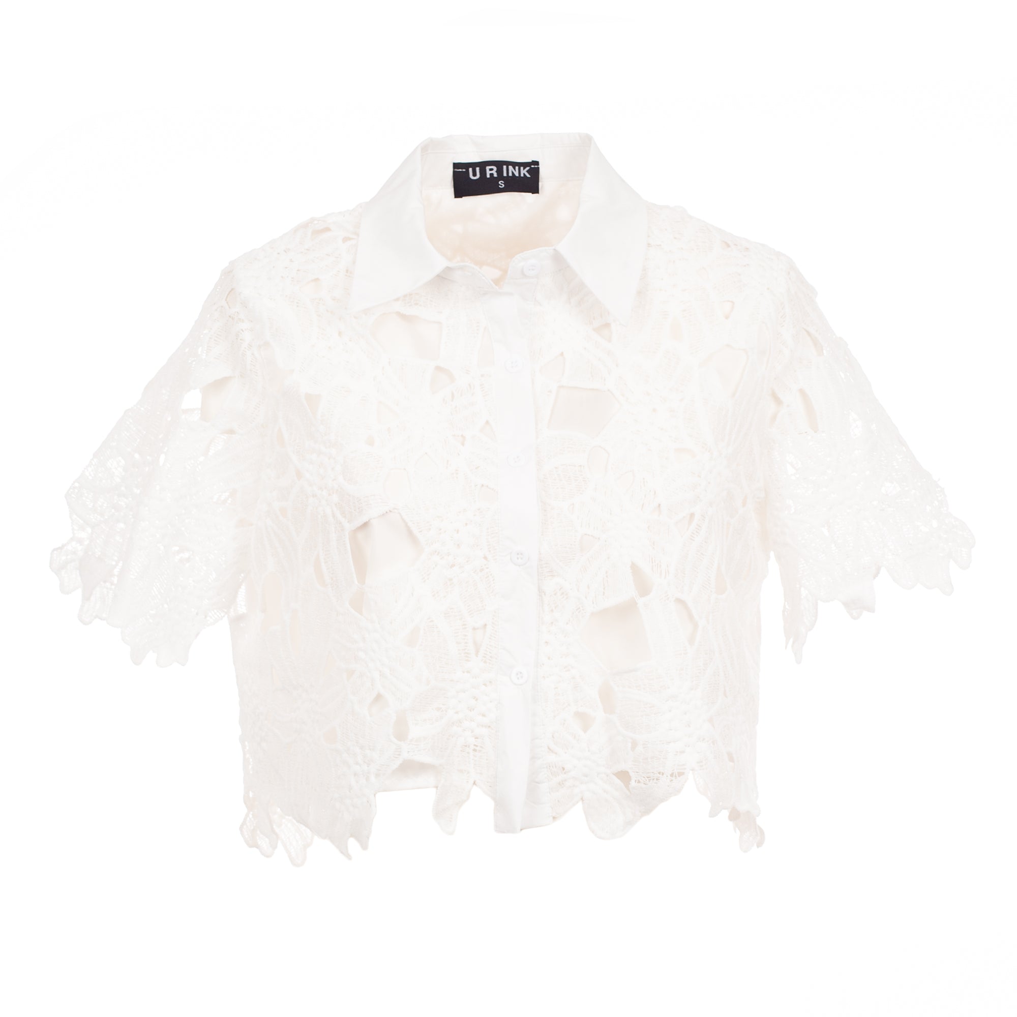 White feathered garment on a white background with a visible brand label.