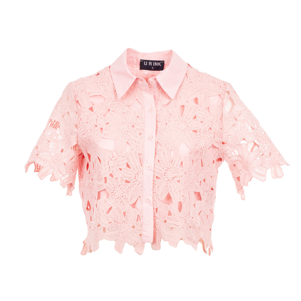 Pink lace blouse with 'U.R Ink' label on a white background