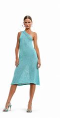 A woman modeling a one-shoulder midi dress in a textured turquoise blue fabric, paired with matching turquoise high-heeled sandals, against a plain white background.