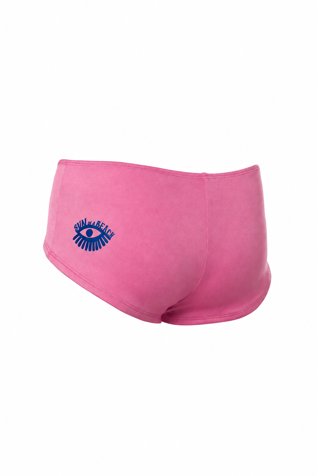 Pink swim briefs featuring a blue graphic logo on the left leg, displayed against a solid white background.