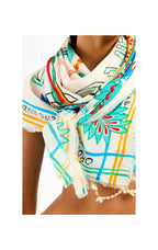 Colorful scarf with tropical patterns worn by a person on a white background