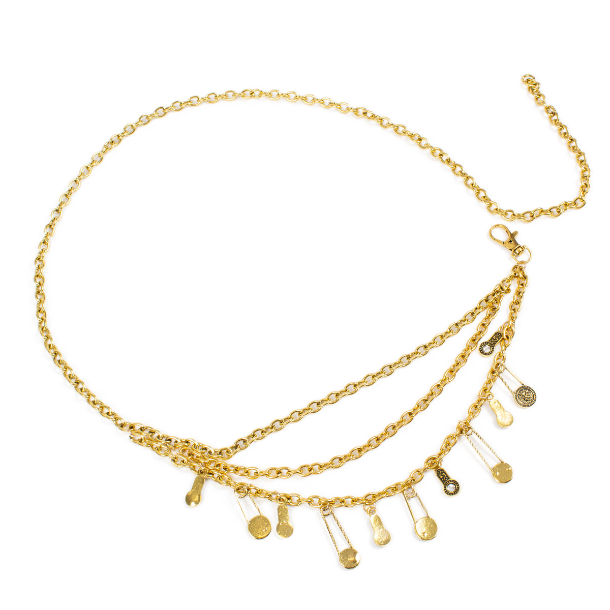 A gold chain anklet featuring multiple dangling safety pin charms and small key-shaped charms, displayed on a clean white background.