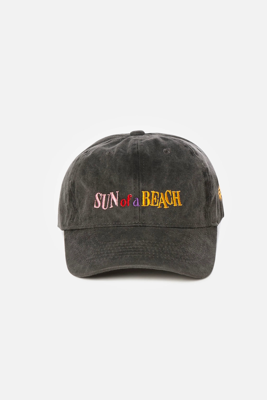 Black cap with 'Sun of a Beach' text on a white background