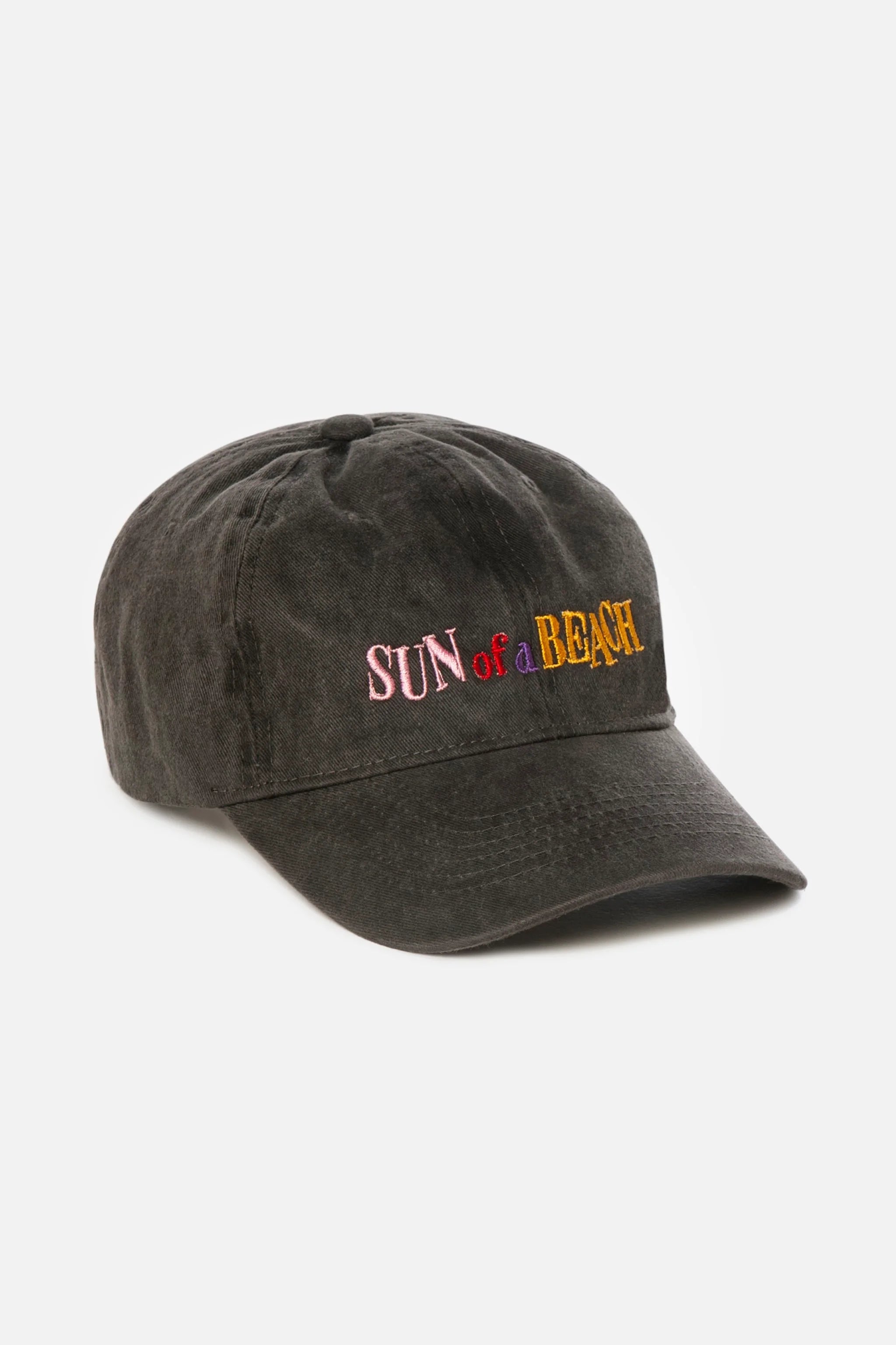 Dark gray cap with colorful text on a light gray background