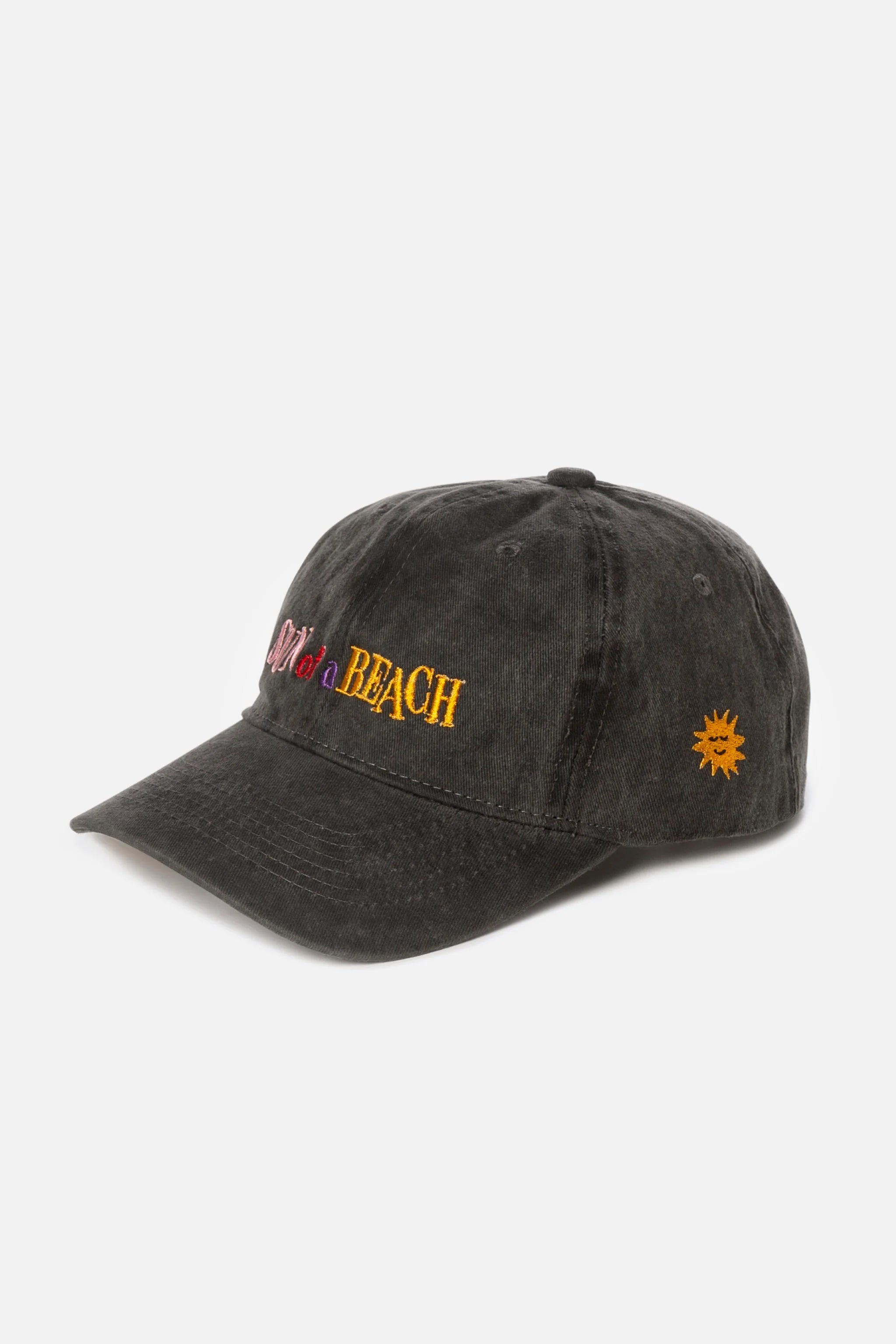 Black cap with colorful text and a sun icon on a white background