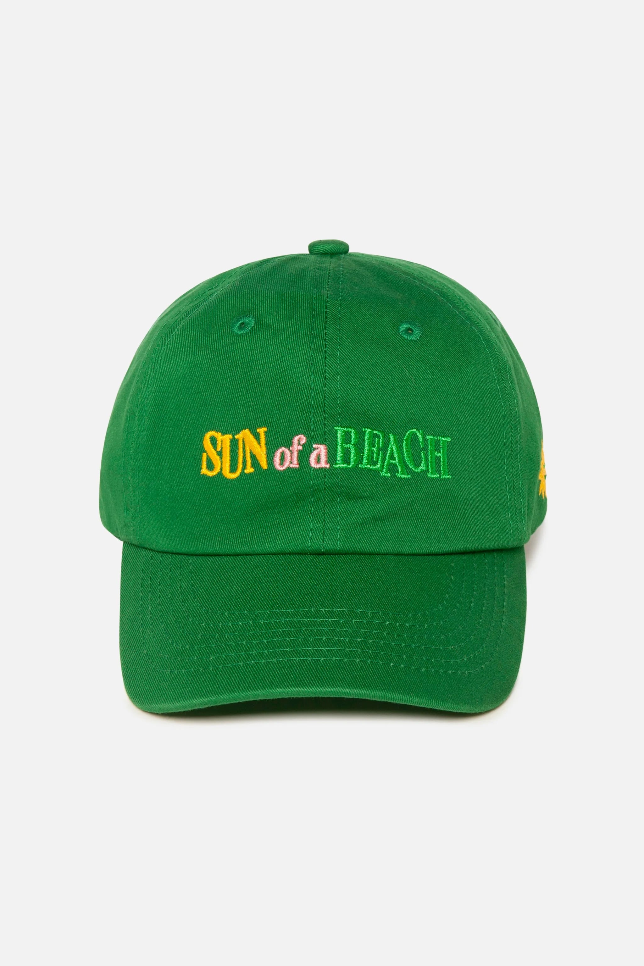 Green cap with 'Sun of a Beach' text on a white background