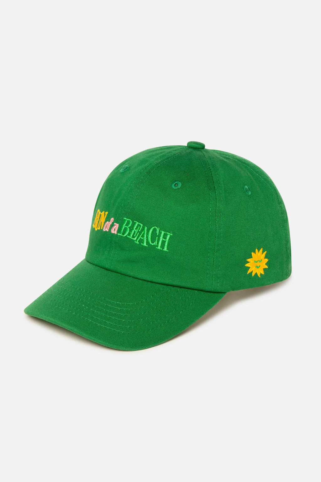 Green cap with text and a sunflower design on a white background