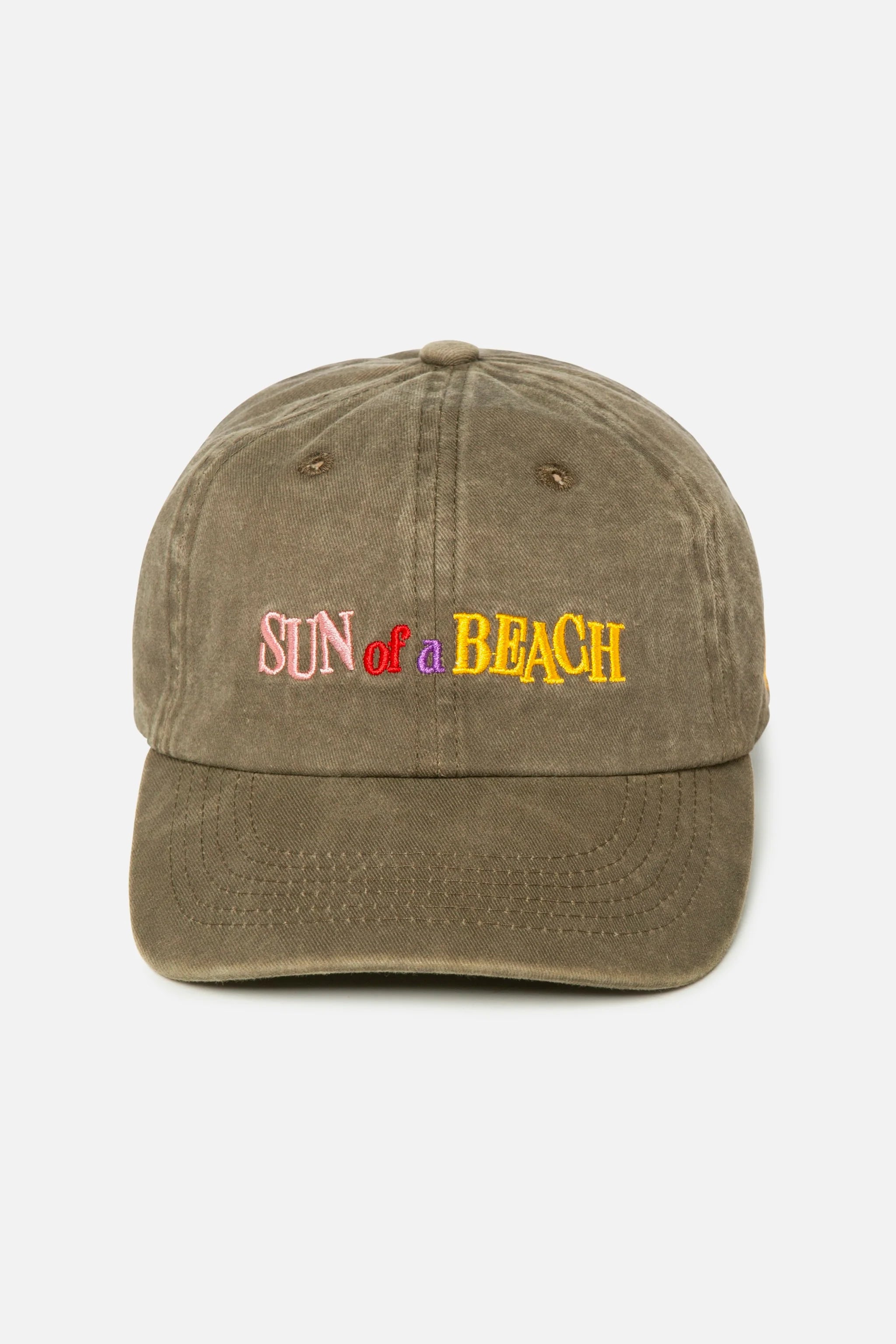 Brown cap with 'Sun of a Beach' text on a white background