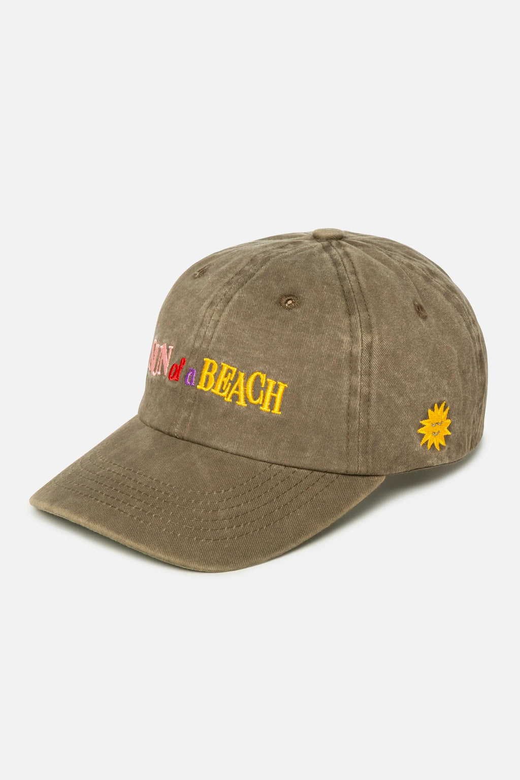 Brown cap with colorful text and a sunflower emblem on a white background