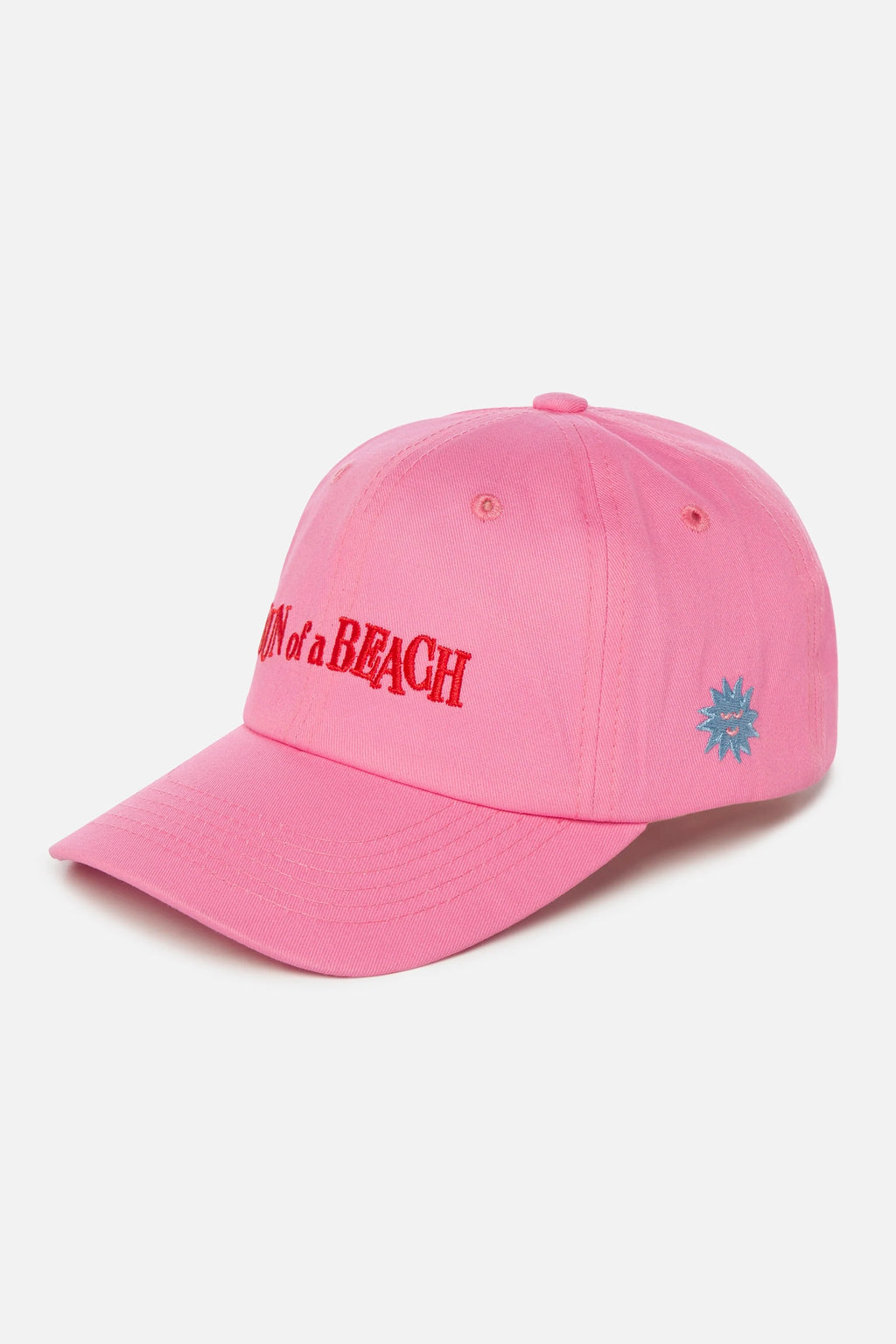 Pink cap with red text and blue logo on a white background