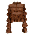 A brown sheer mesh long-sleeve blouse with multiple tiers of ruffles, a high ruffled collar, and tiered ruffle cuffs, shown against a plain white background.