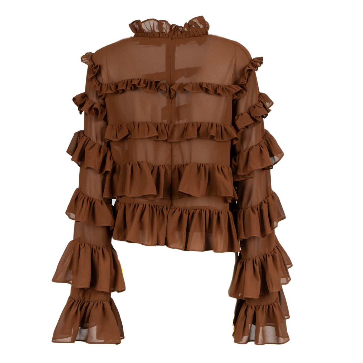 A brown sheer mesh long-sleeve blouse with multiple tiers of ruffles, a high ruffled collar, and flared ruffled cuffs, shown against a plain white background.