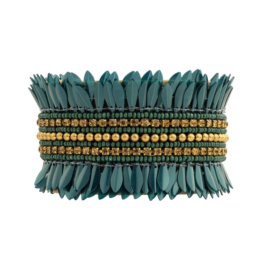 Green feathered bracelet with gold beads on a white background