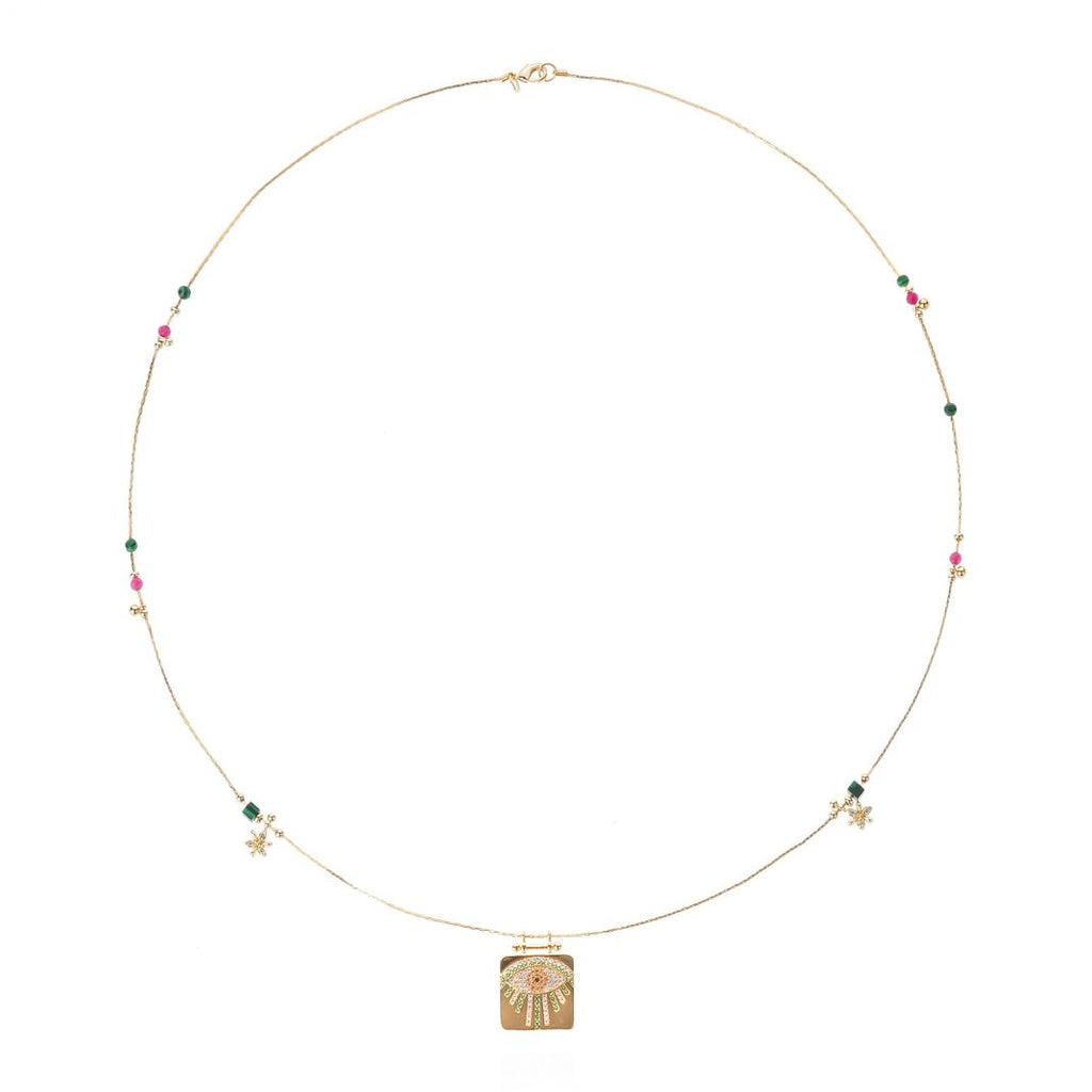 Necklace with colorful beads and a pendant on a white background