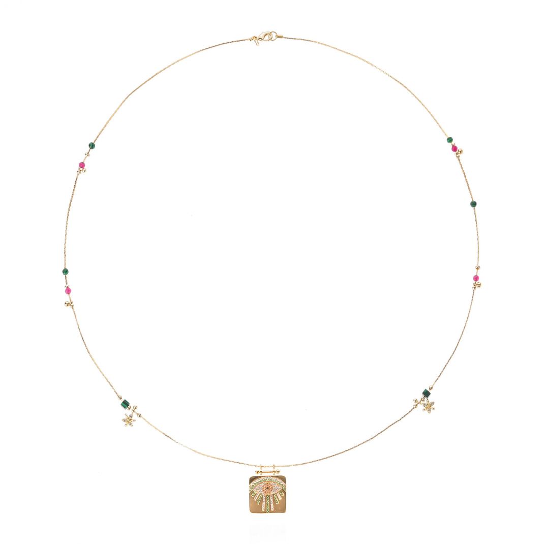 Necklace with colorful beads and a pendant on a white background