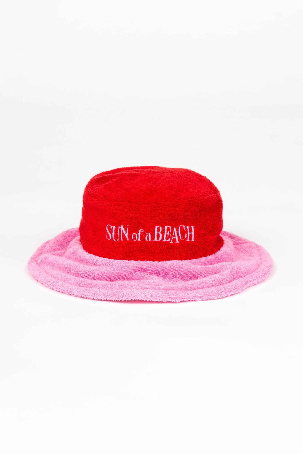 Red and pink bucket hat with 'Sun of a Beach' text on a white background