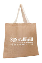 Jute bag with 'Sun of a Beach Your Summer Friend' text on a white background