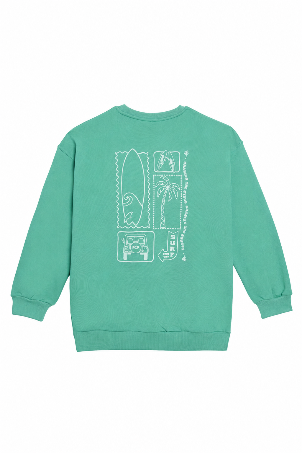 A mint green crewneck sweatshirt shown from the back, featuring a white line art graphic of surfboards and beach illustrations.