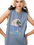 Love and Alicia Rising Sun Tank blue organic cotton sleeveless top with retro sunset and palm tree graphic print