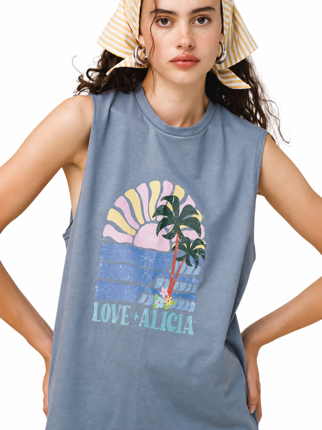 Love and Alicia Rising Sun Tank blue organic cotton sleeveless top with retro sunset and palm tree graphic print