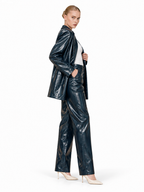 Love And Alicia Sailor navy vinyl trousers, side view showing straight legs and side pocket