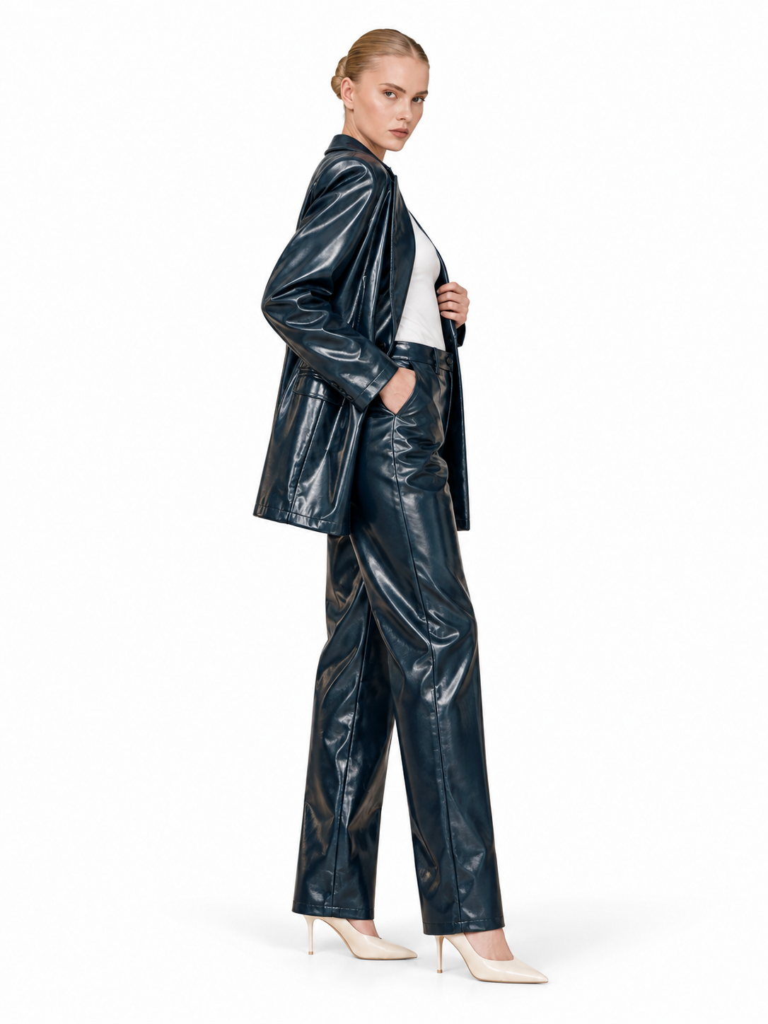 Love And Alicia Sailor navy vinyl trousers, side view showing straight legs and side pocket
