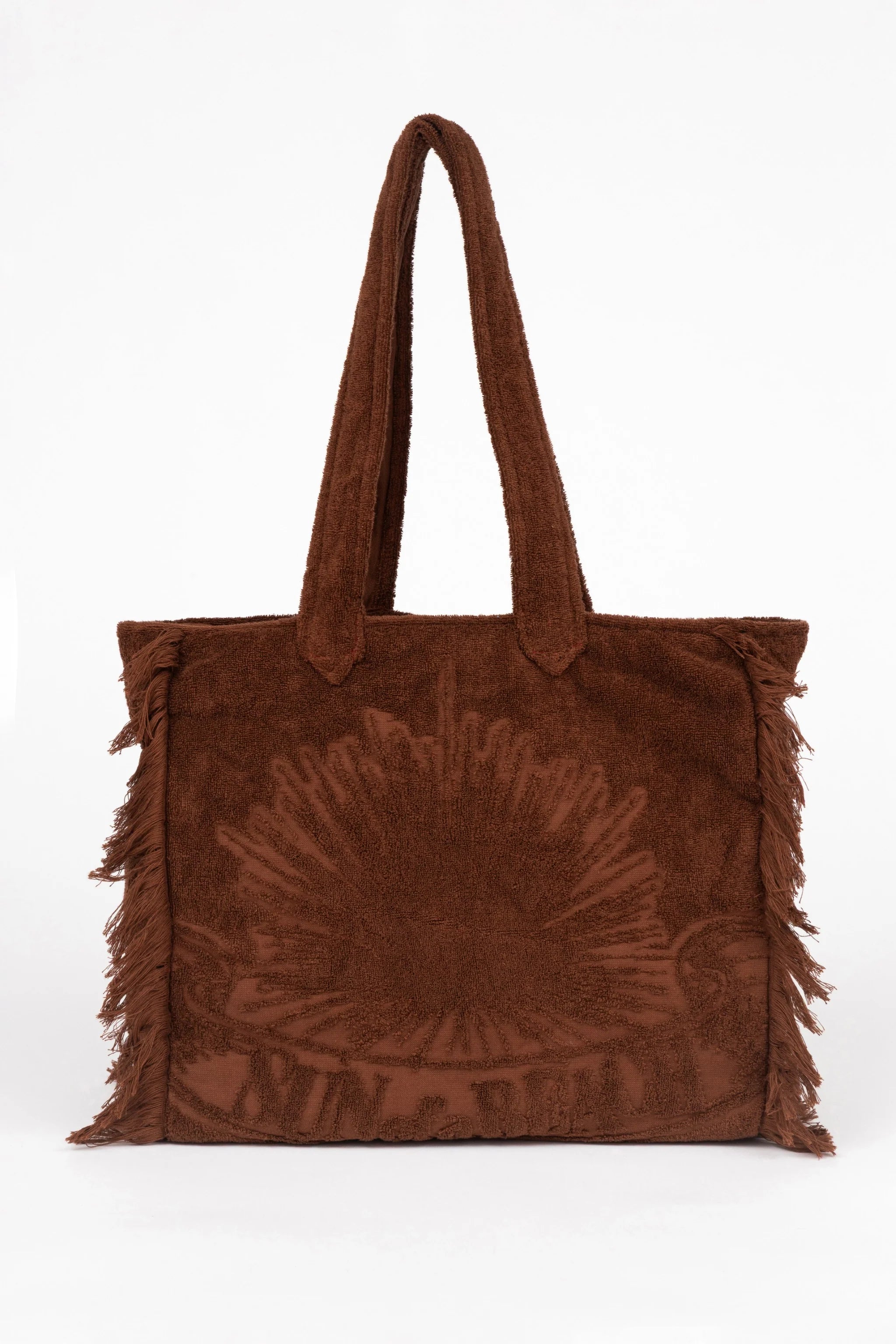 Brown suede tote bag with a sun design and fringes on a white background