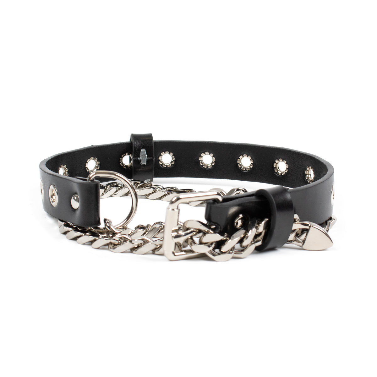 A black leather collar featuring silver-tone hardware, including a thick chain link section, a buckle, studs, and decorative crystal-like studs, shown on a plain white background.