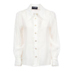 White blouse with gold buttons on a white background