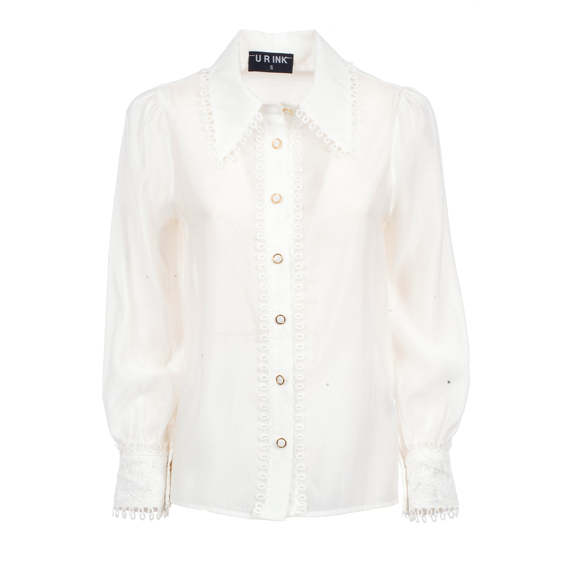 White blouse with gold buttons on a white background