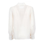 White blouse with ruffled details on a white background
