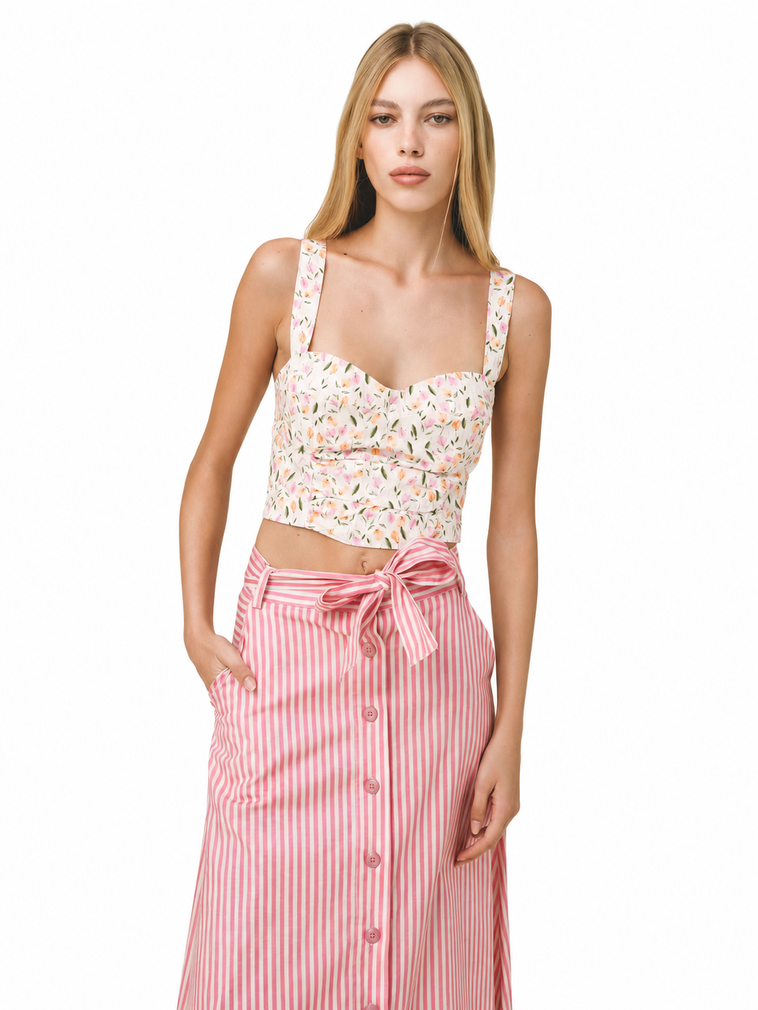 Love and Alicia MOLLY Floral Bustier Top cream floral print sweetheart crop top close-up styled with pink striped tie-waist midi skirt