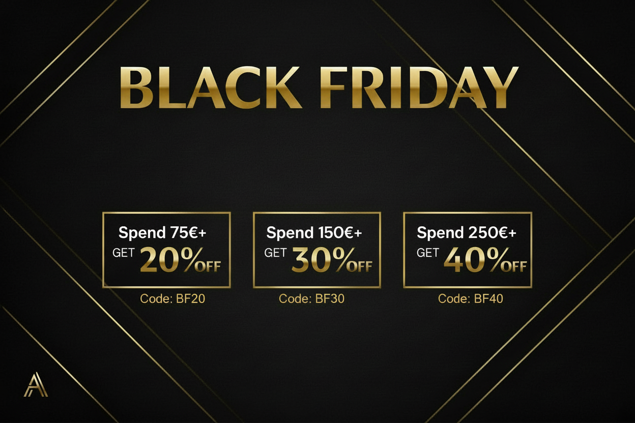 Black Friday promotional offer with discount codes on a black background