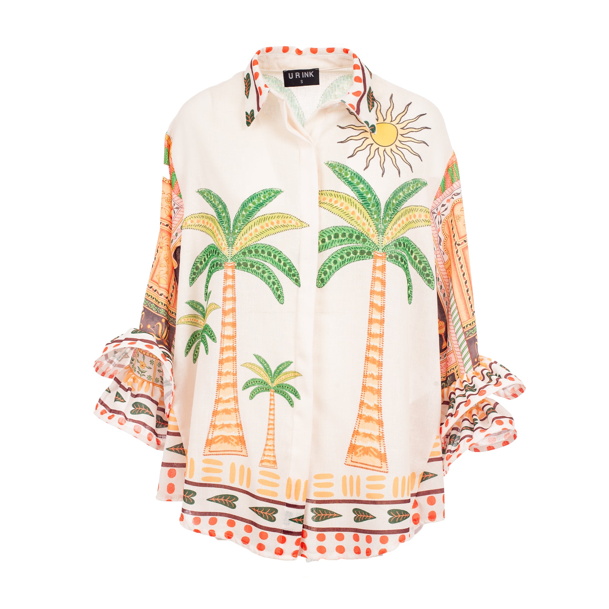 Colorful blouse with palm tree and sun design on a white background