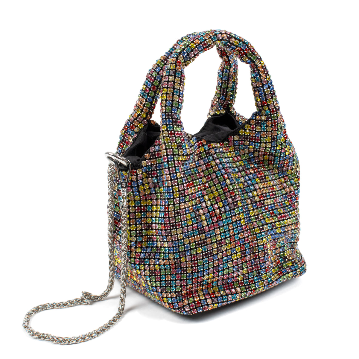 A small structured handbag covered in dense multicolored rhinestones, with two top handles, a silver chain strap, and black interior lining, photographed on a clean white background.