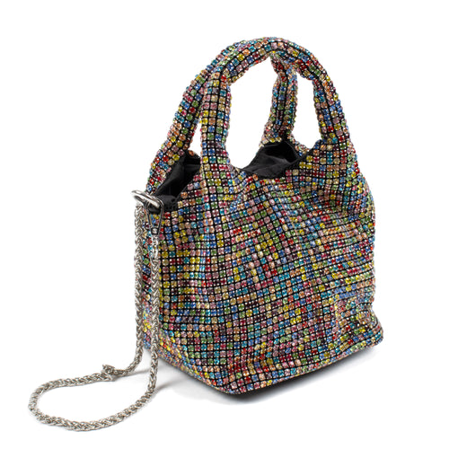 A small structured handbag covered in dense multicolored rhinestones, with two top handles, a silver chain strap, and black interior lining, photographed on a clean white background.
