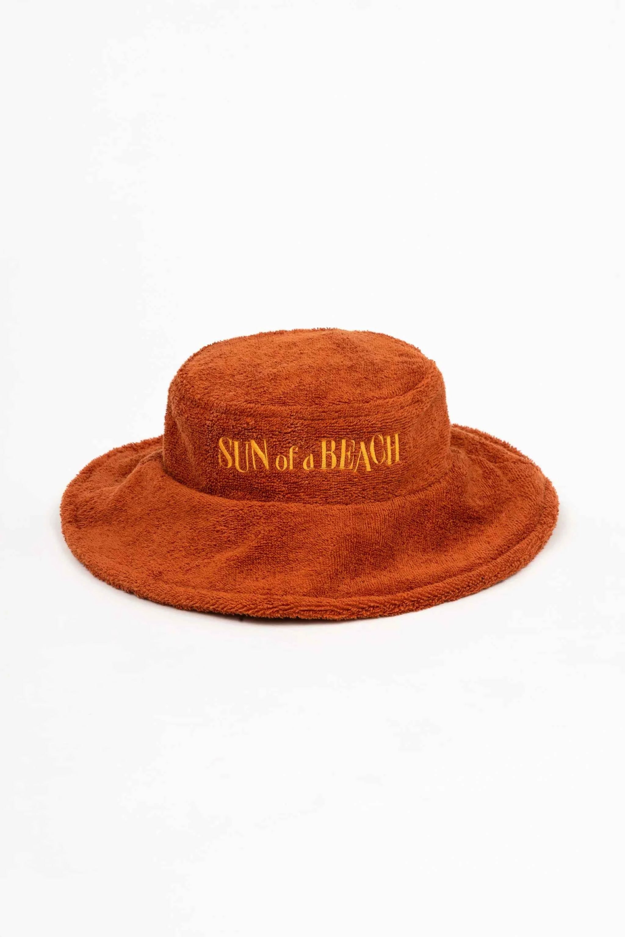 Orange bucket hat with 'Sun of a Beach' text on a white background