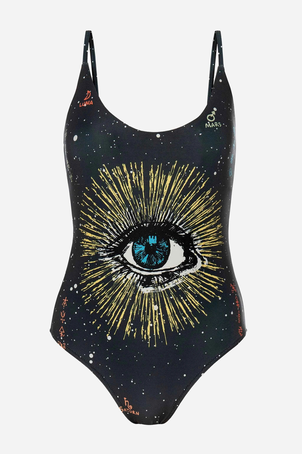 One-piece swimsuit with eye design and celestial pattern on a white background