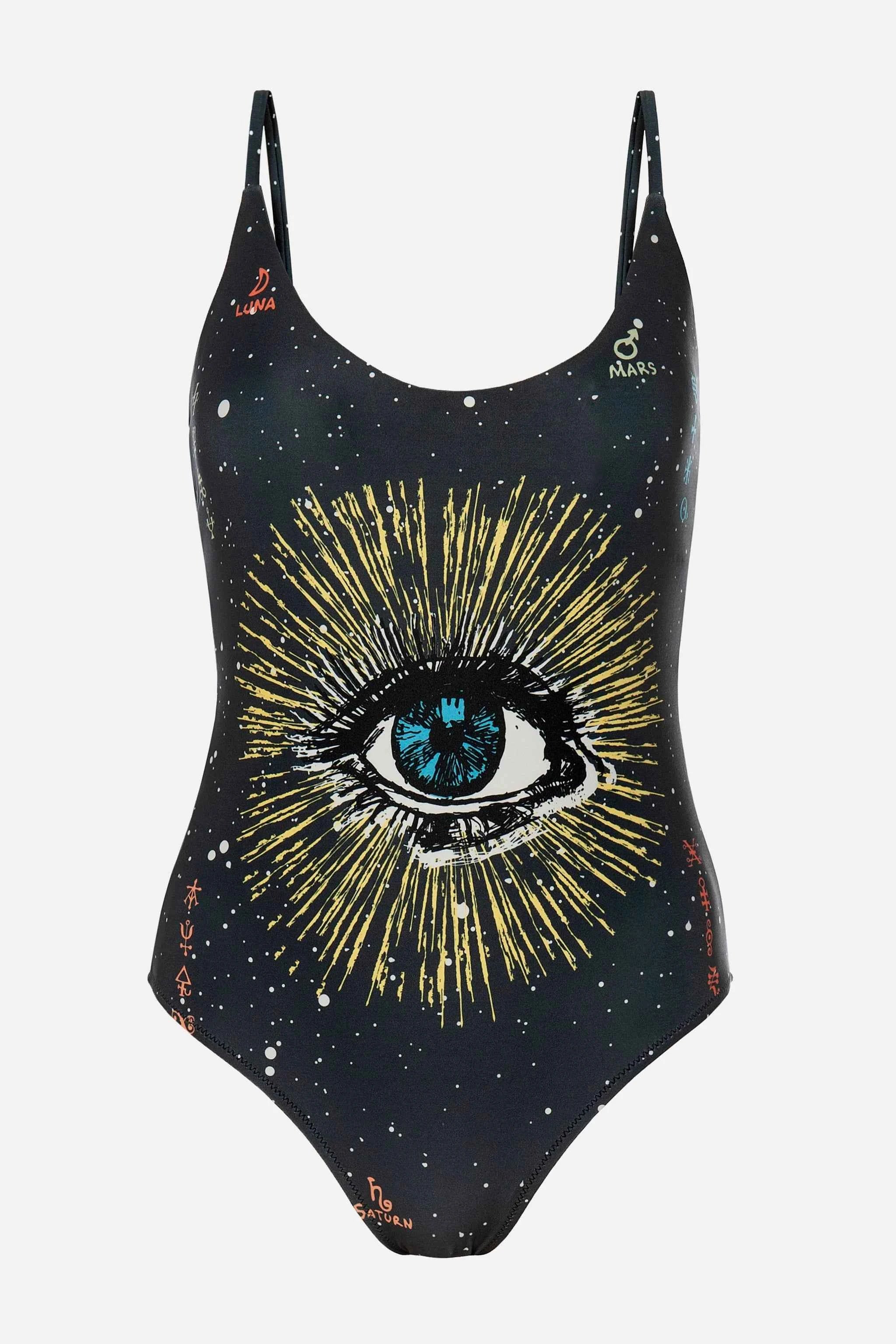 One-piece swimsuit with eye design and celestial pattern on a white background