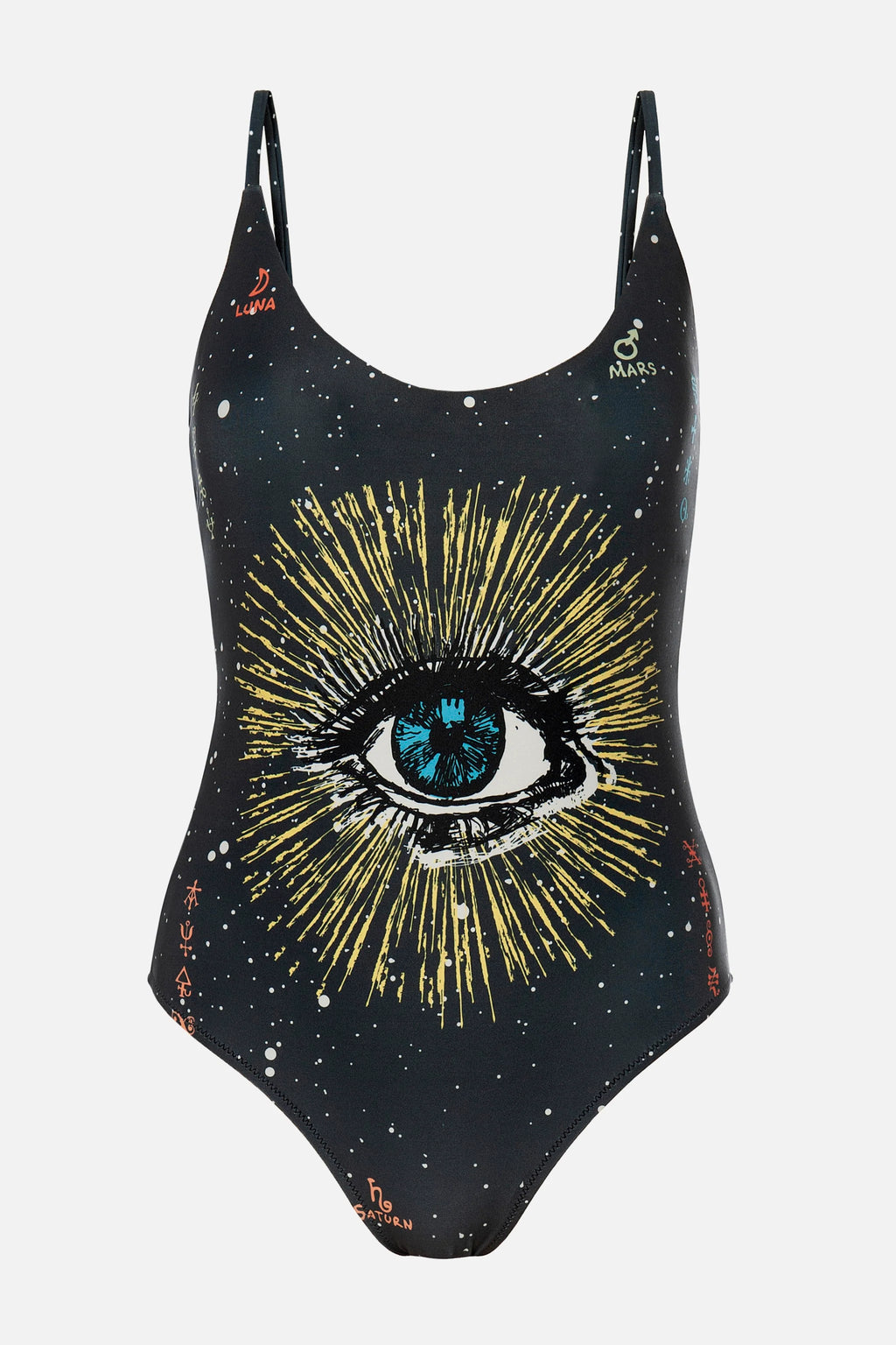 One-piece swimsuit with eye design on a white background