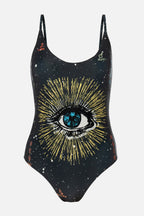 One-piece swimsuit with eye design on a white background
