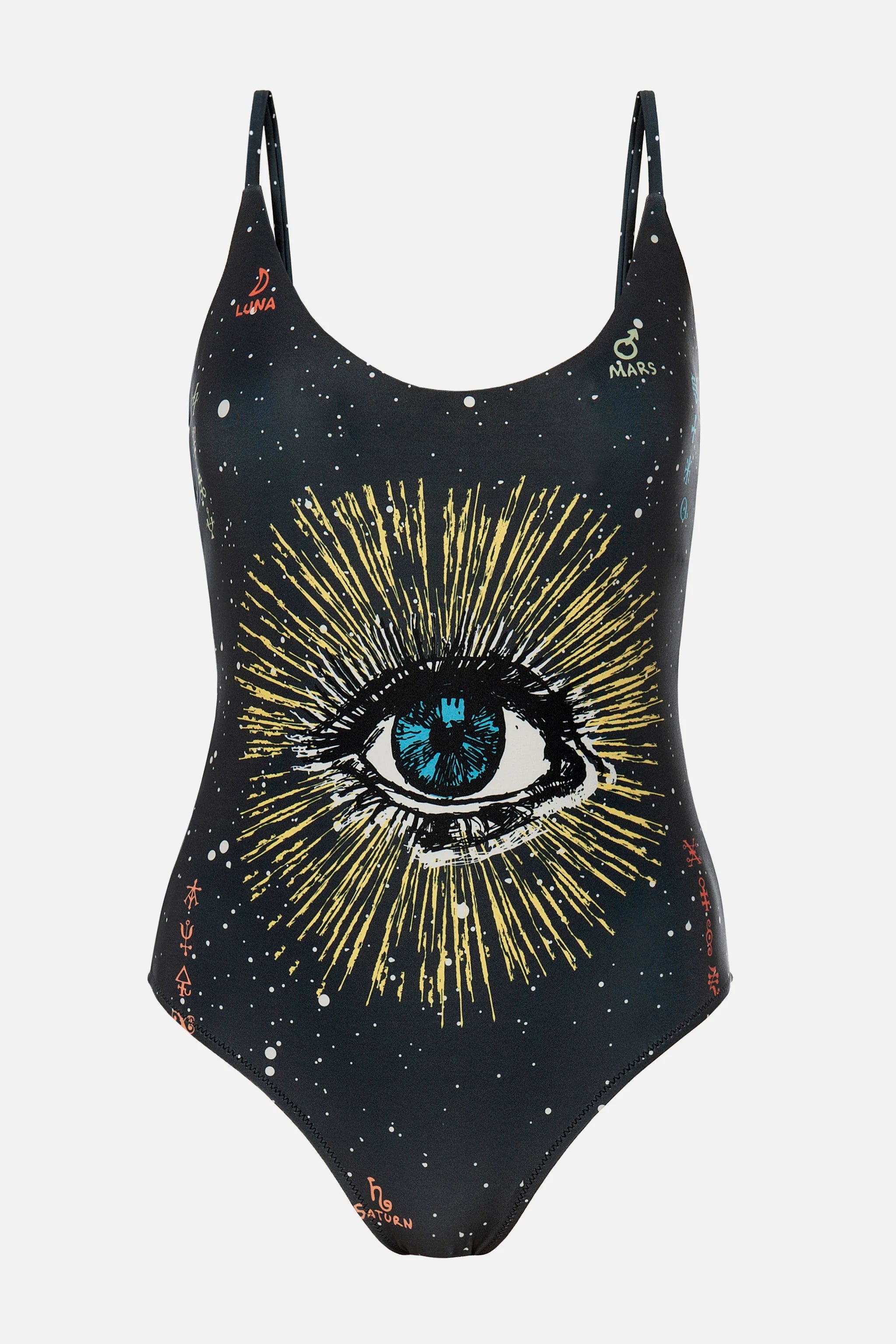 One-piece swimsuit with eye design on a white background