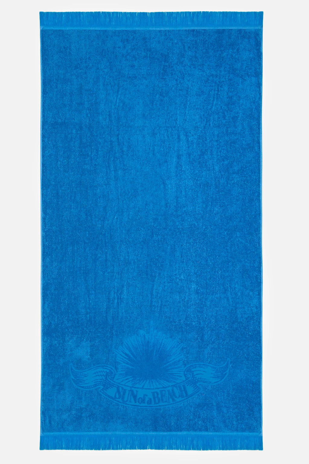 Blue towel with a brand logo on a white background